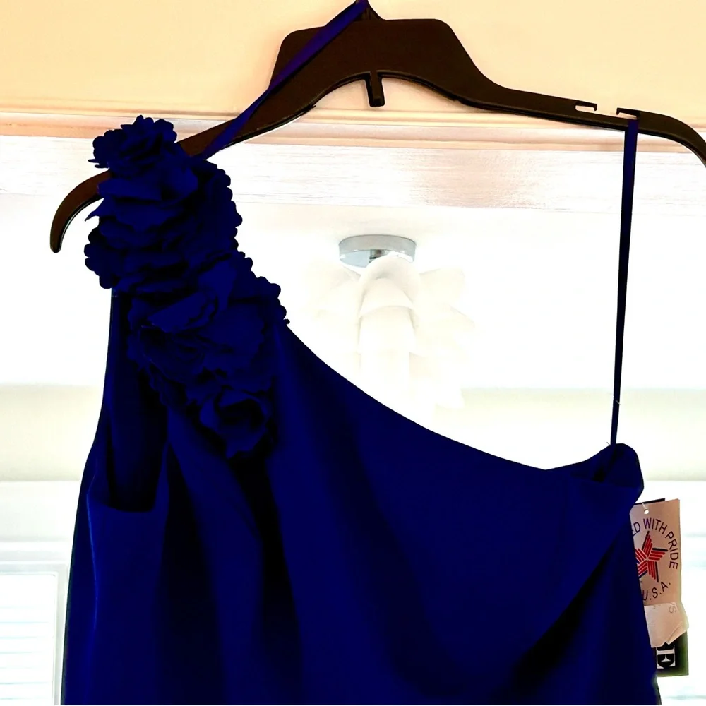 Xscape Cobalt Blue Floral One-Shoulder Maxi Dress